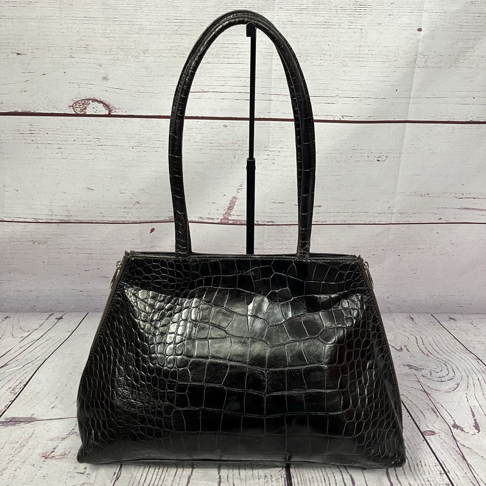 Furla Croc Embossed Leather Tote Dark Brown Top Handle Italy Handbag